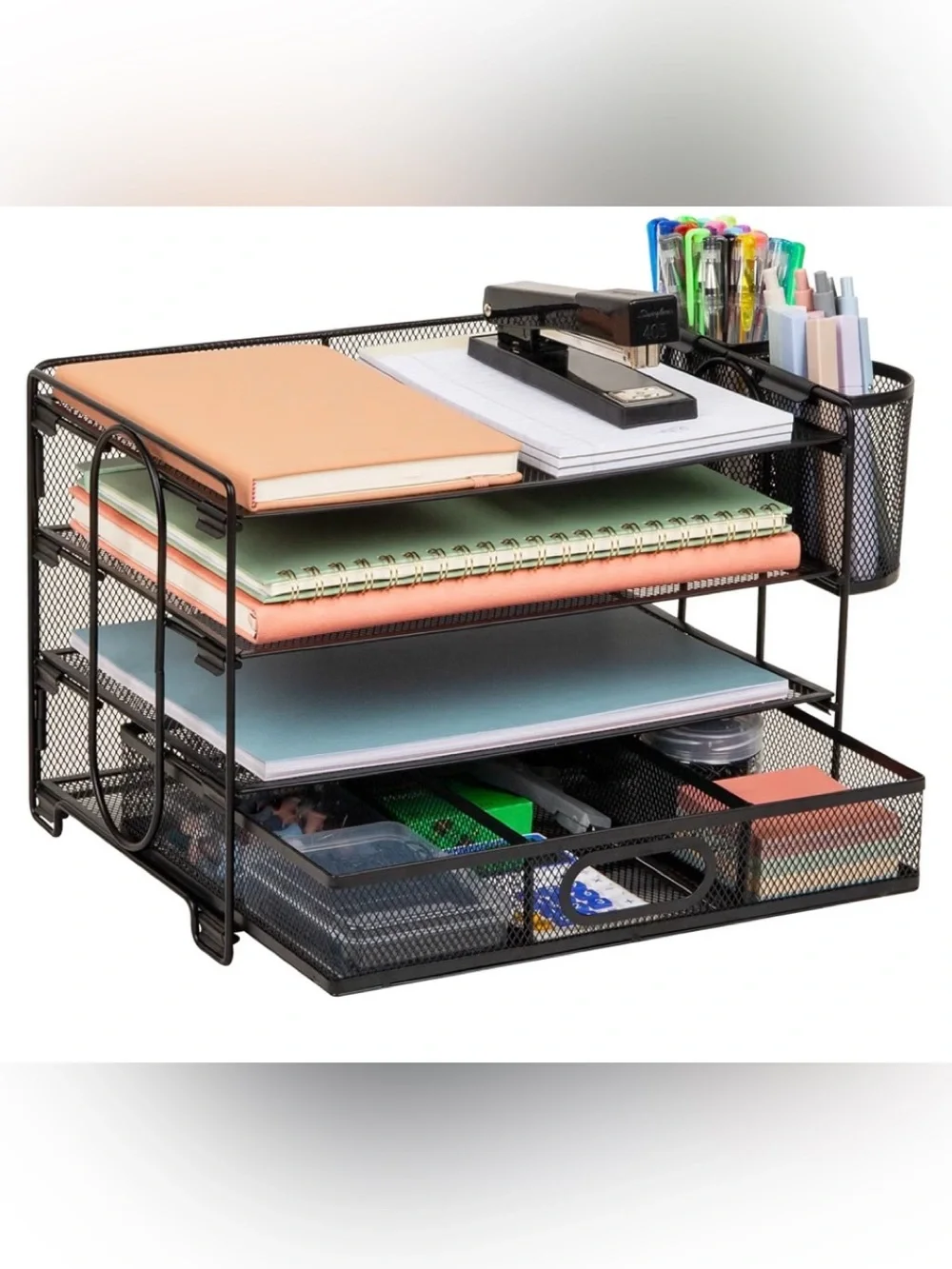 Mesh Desk Organizer, 3 Trays, 1 Drawer, 2 Pen Holders, Office Desktop Organizer